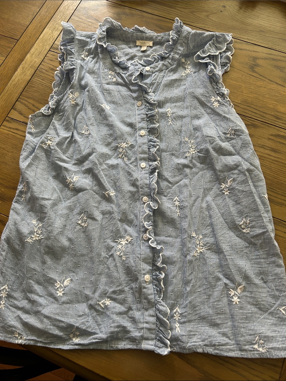 Blue Striped Talbots floral Ruffle Button-Front blouse size Med